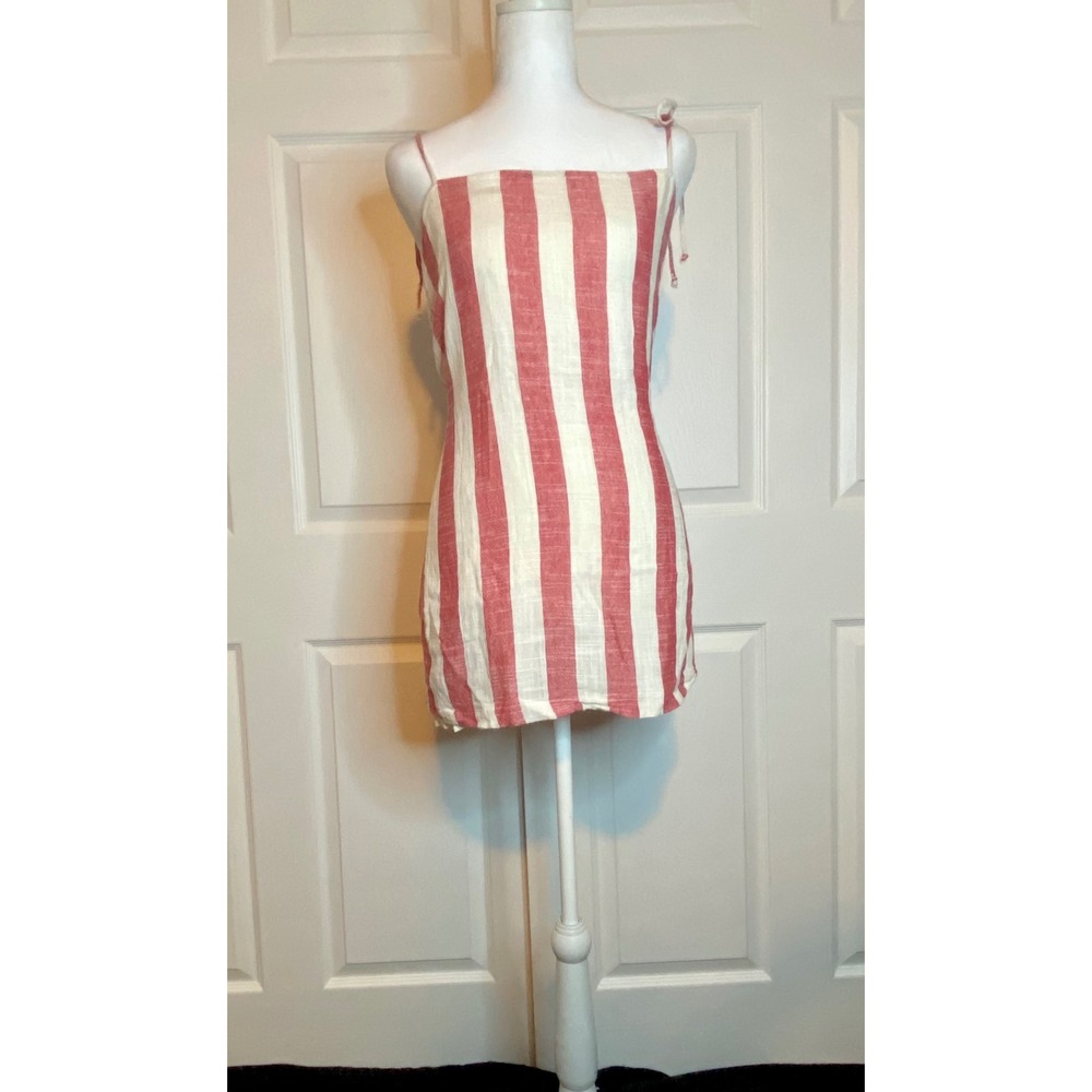 Skylar + Madison Red White Striped Linen Blend Mini Dress Tie Back Size M